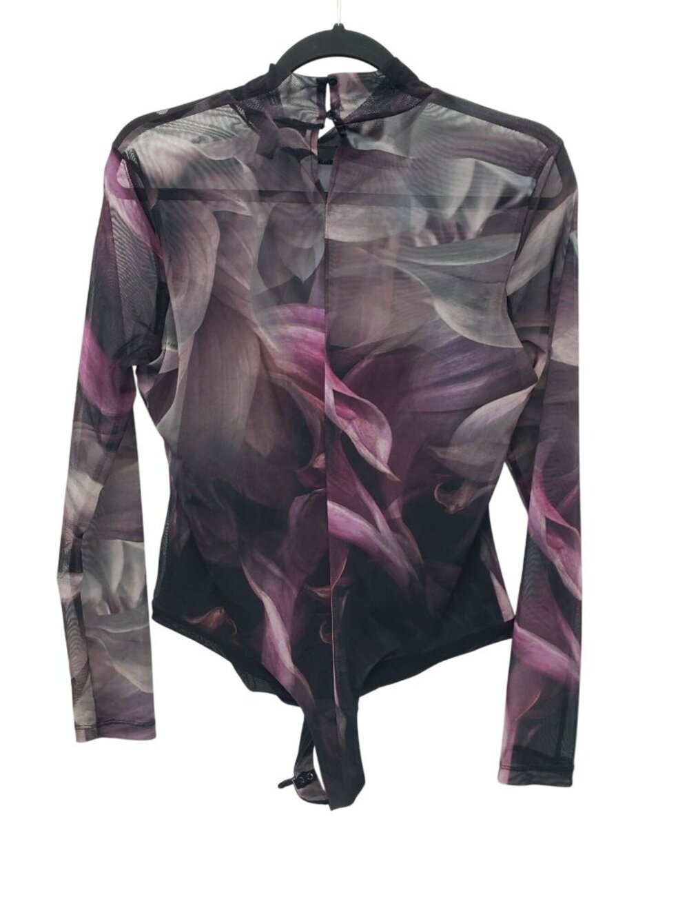 AllSaints Elia Margeaux Bodysuit Black Purple Long Sleeeve Mesh Mock Neck Goth - Picture 10 of 10